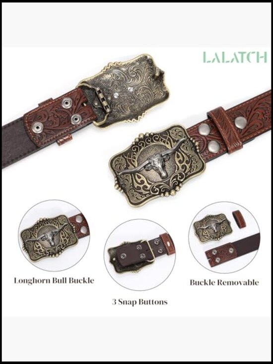 Floral Engraved Longhorn Bull Buckle Western Belt for Jeans main image 5